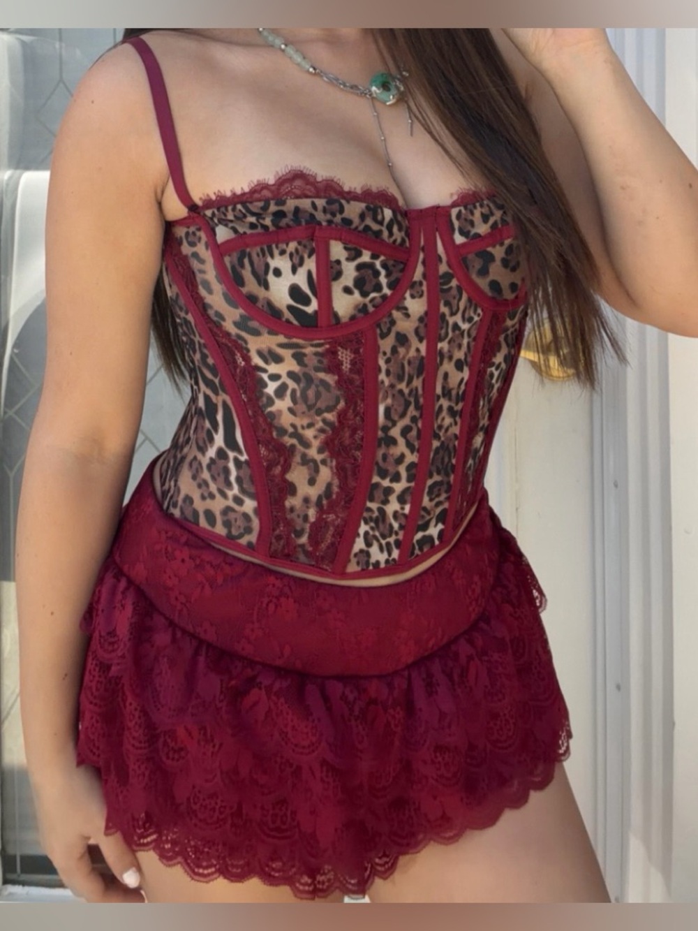 Two Piece Festival Set Shein Small, Leopard Corset Tank & Red Lace Mini Shorts
